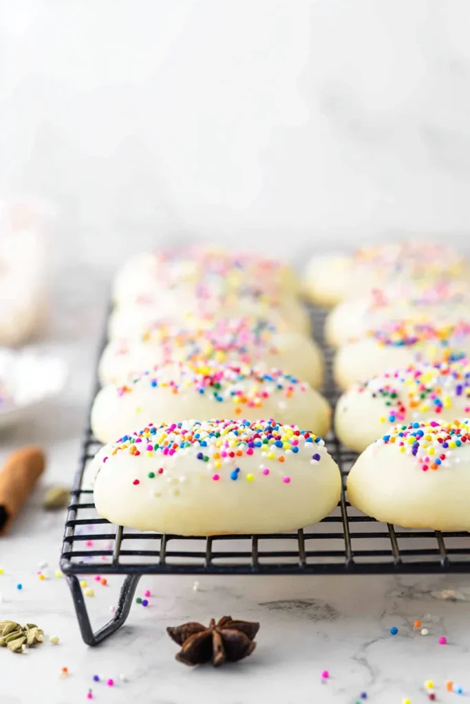 Easy Homemade Anise Cookies | Perfect Christmas Treats 8 Iced cookies with colorful sprinkles cooling on a wire rack.