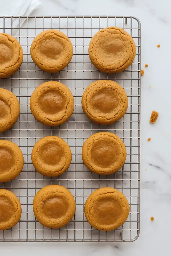 Freshly baked gingerbread cookies cooling on a wire rack.