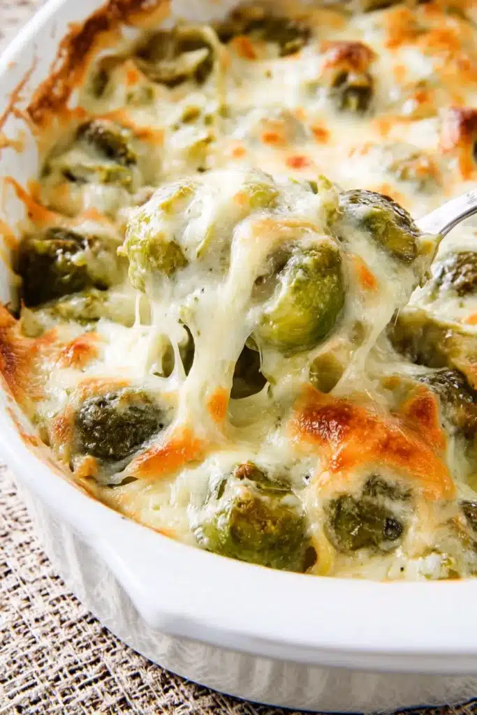 Creamy Brussels Sprouts Bake with melted cheese and creamy sauce in white dish