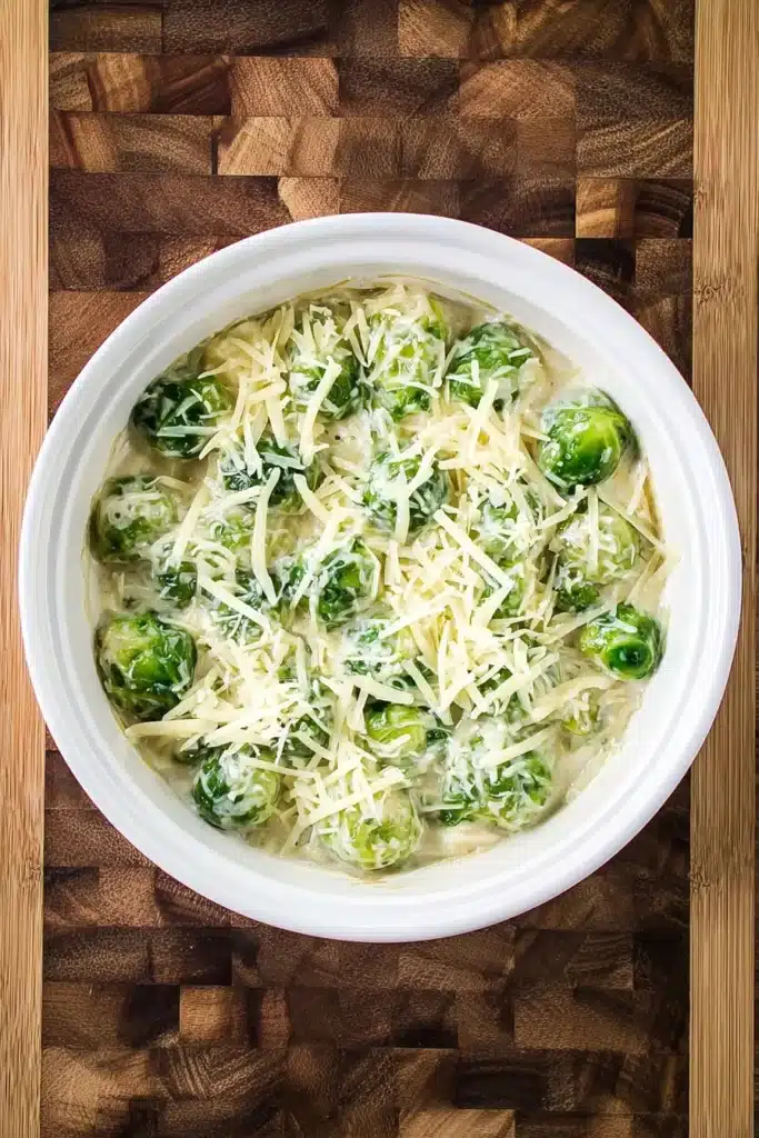 Creamy Brussels Sprouts in white baking dish topped with shredded cheese