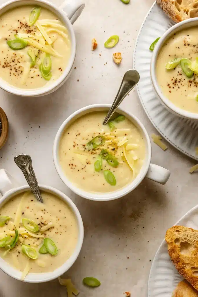 Cheddar cauliflower soup in mugs topped with cheese and green onions