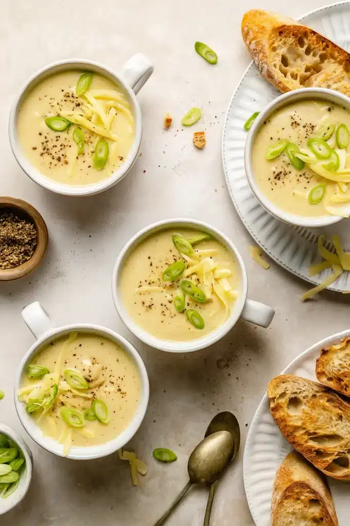 Cheddar cauliflower soup in mugs with cheese, green onions, and toasted bread