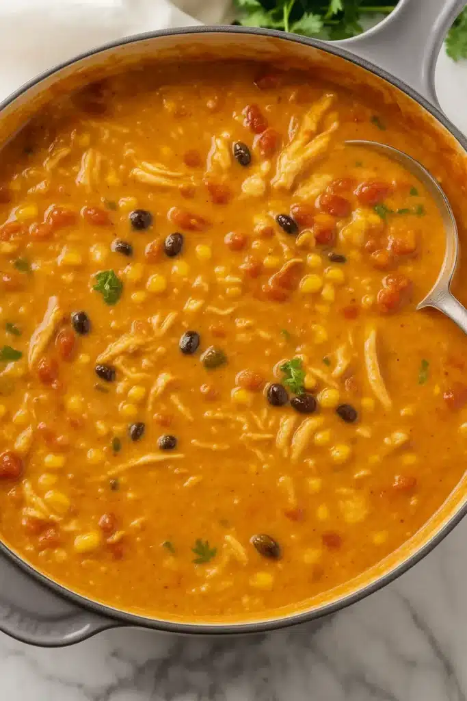 Creamy chicken tortilla soup with corn, beans, and shredded chicken in pot