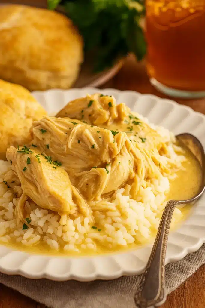 Crock Pot Chicken and Gravy served over rice with biscuit and parsley garnish