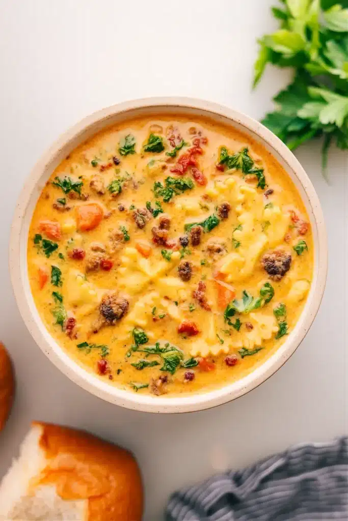 Creamy sausage pasta soup with kale and sun-dried tomatoes in a rustic bowl