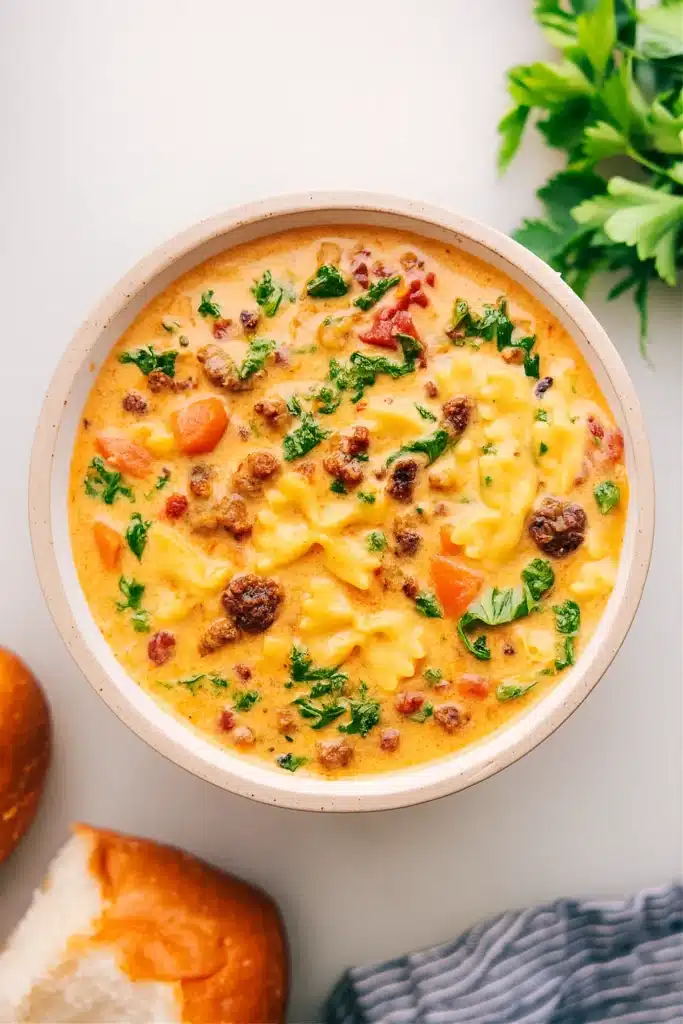 Creamy sausage pasta soup with kale and sun-dried tomatoes in a rustic bowl