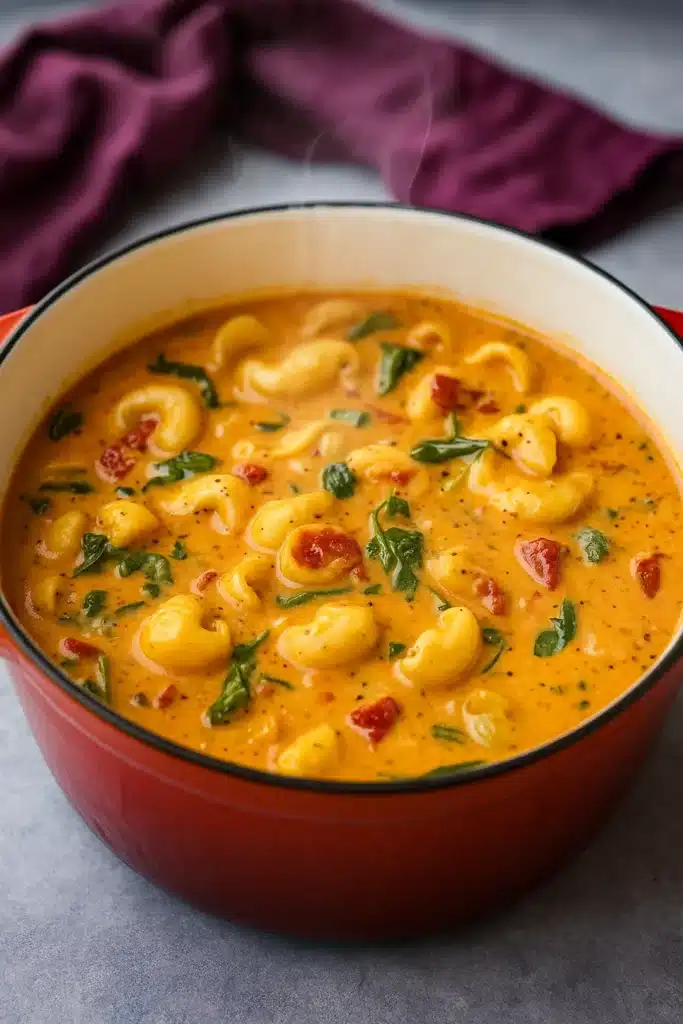 Creamy tortellini soup in red pot with spinach and sundried tomatoes