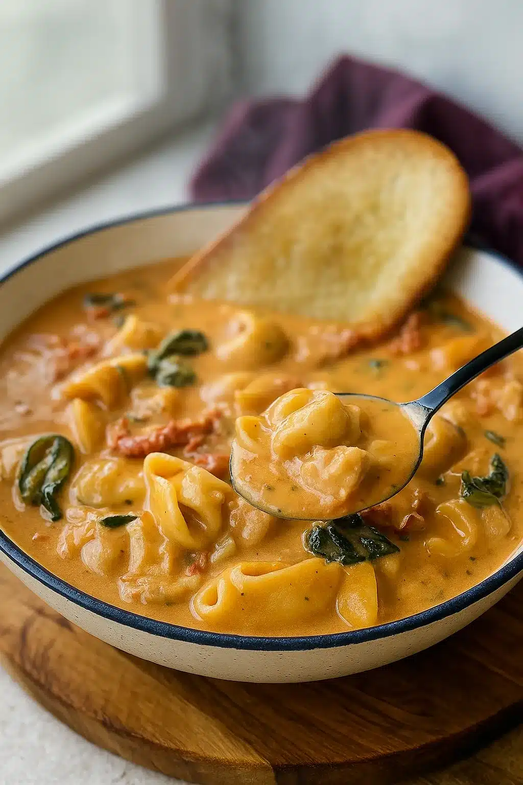 Creamy tomato tortellini soup with spinach and toasted bread