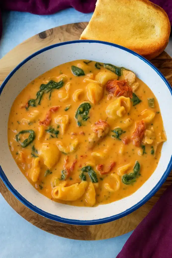 Creamy tortellini soup with spinach and sundried tomatoes in white bowl