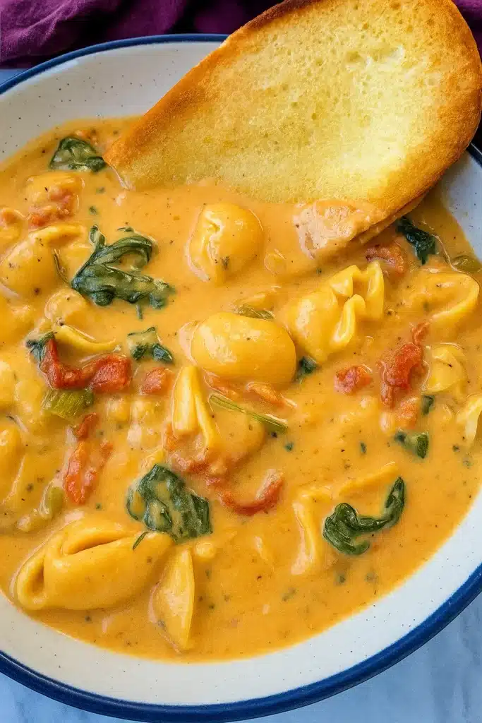 Creamy tortellini soup with spinach and toasted bread