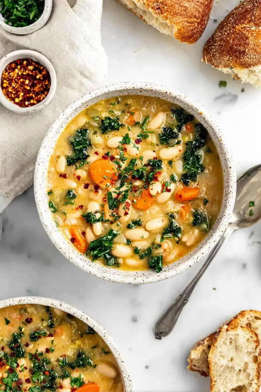 Rustic bowl of creamy Tuscan white bean soup with carrots and kale