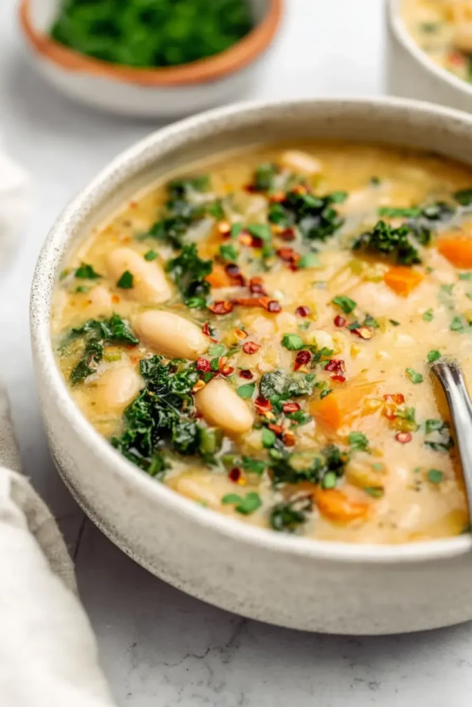 Tuscan White Bean Soup | Hearty & Amazing Comfort 10 Creamy Tuscan white bean soup with kale, carrots, and herbs in a rustic bowl