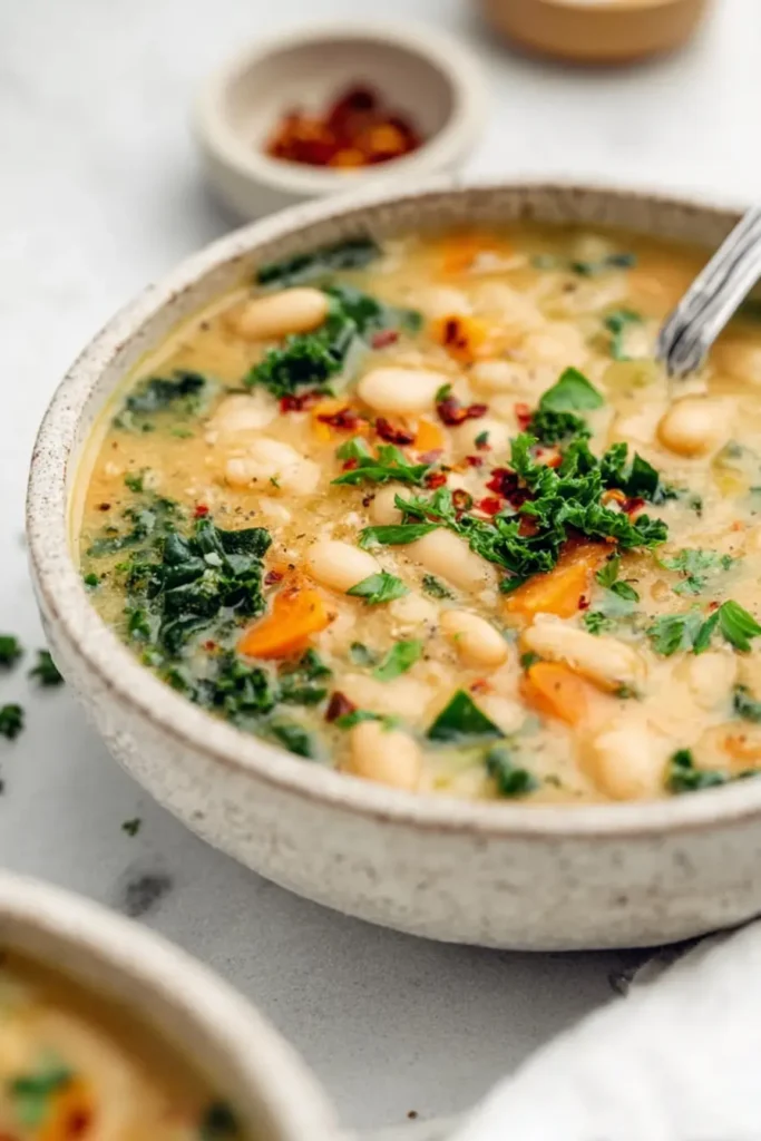 Tuscan White Bean Soup | Hearty & Amazing Comfort 15 Creamy Tuscan white bean soup with kale, carrots, and herbs in a rustic bowl