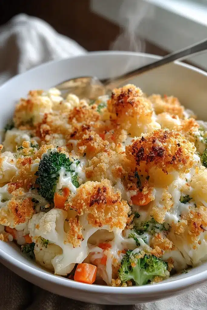 Winter Vegetable Casserole | Creamy & Comforting Favorite 9 Creamy winter vegetable casserole with broccoli, cauliflower, and carrots in a white bowl