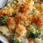 Creamy winter vegetable casserole with broccoli, cauliflower, and carrots topped with golden breadcrumbs