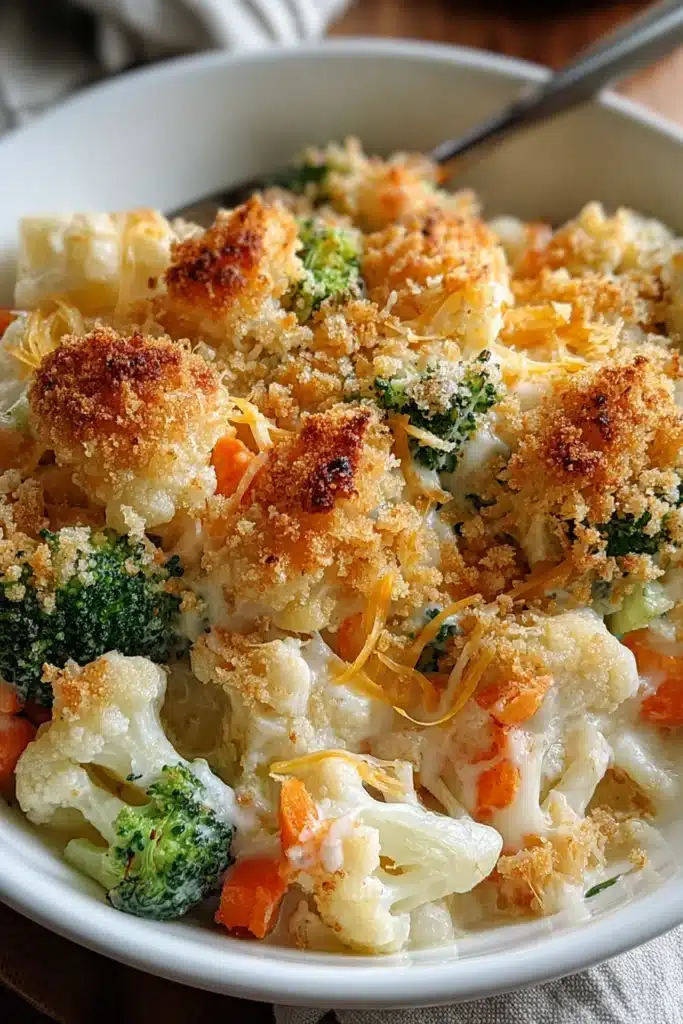 Winter Vegetable Casserole | Creamy & Comforting Favorite 8 Creamy winter vegetable casserole with broccoli, cauliflower, and carrots topped with golden breadcrumbs