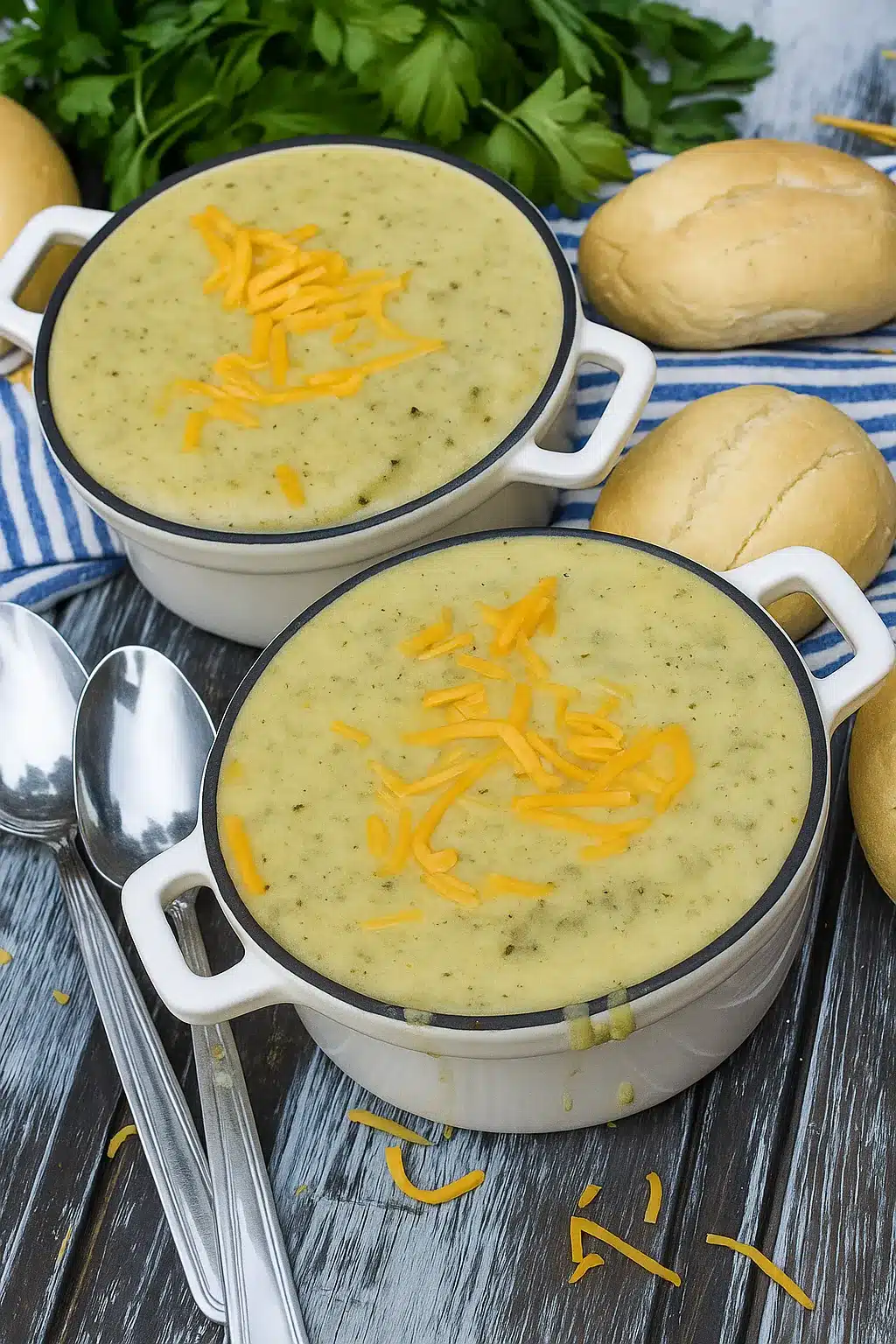 Creamy zucchini soup topped with cheddar cheese in white bowls