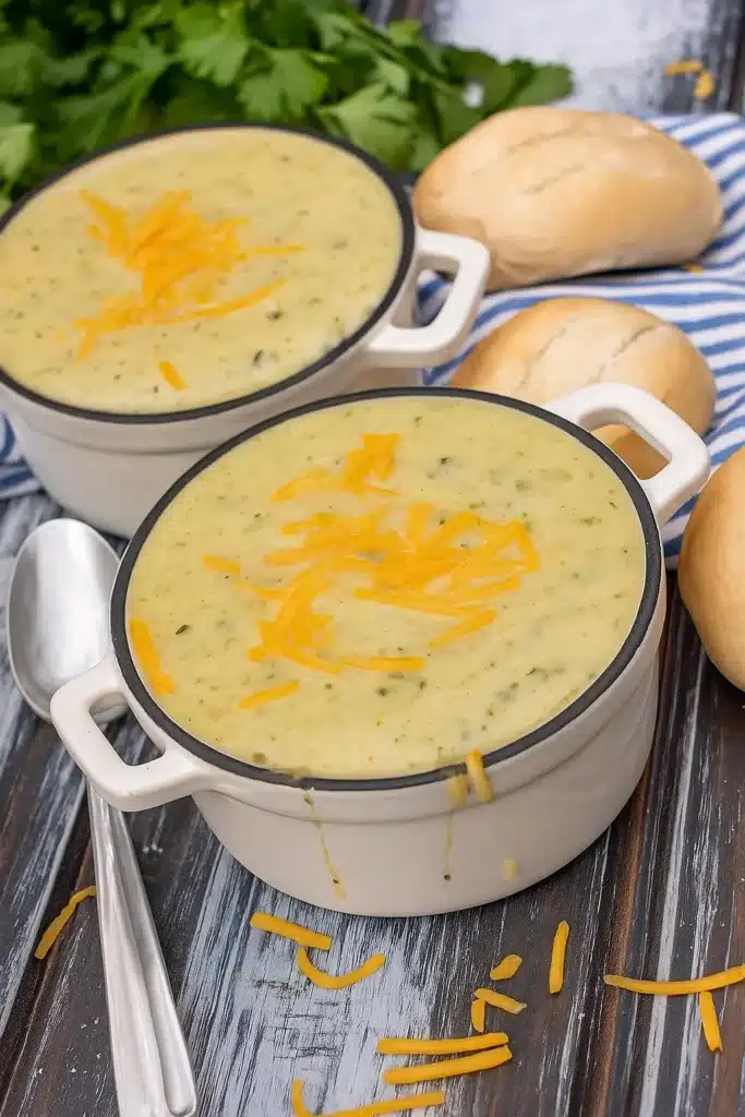 Creamy zucchini soup topped with cheddar in white bowls with bread rolls