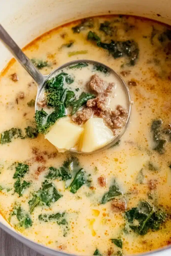Creamy Zuppa Toscana Soup (Better Than Restaurant Copycat) 7 Close-up of creamy Zuppa Toscana soup with sausage, potatoes, and kale in a ladle