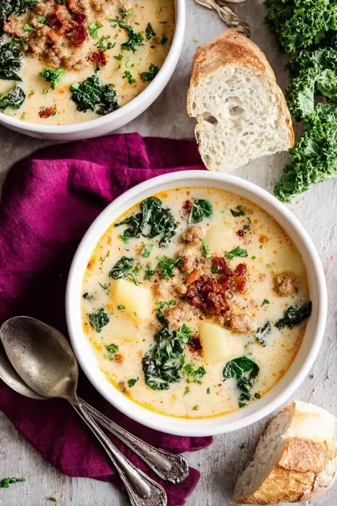 Creamy Zuppa Toscana soup with sausage, potatoes, and kale in bowls beside crusty bread