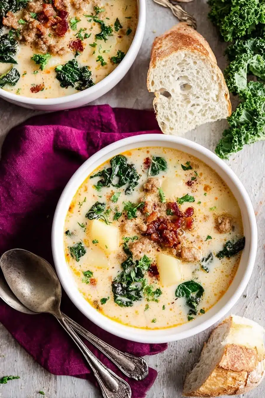 Creamy Zuppa Toscana soup with sausage, potatoes, and kale in bowls beside crusty bread