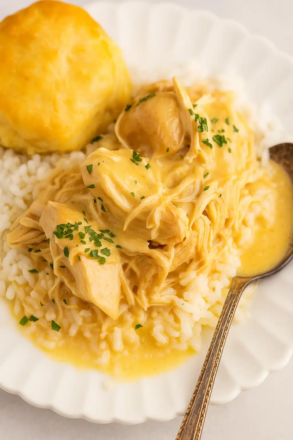 Creamy crock pot chicken and gravy over rice with biscuit on white plate