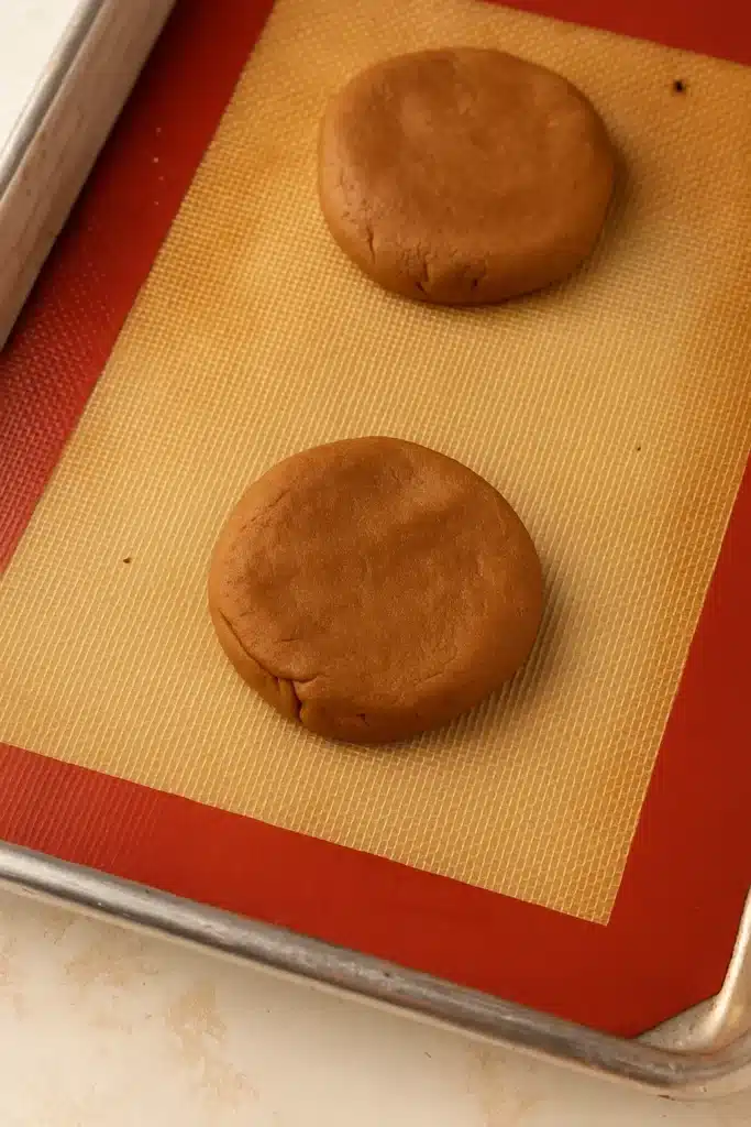 Amazing Crumbl Gingerbread Cookies Copycat Recipe 15 Crumbl gingerbread cookies dough discs on baking sheet before baking