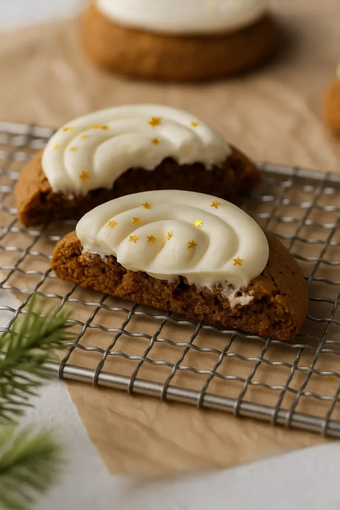 Amazing Crumbl Gingerbread Cookies Copycat Recipe 19 Crumbl gingerbread cookies halves with frosting and gold star sprinkles