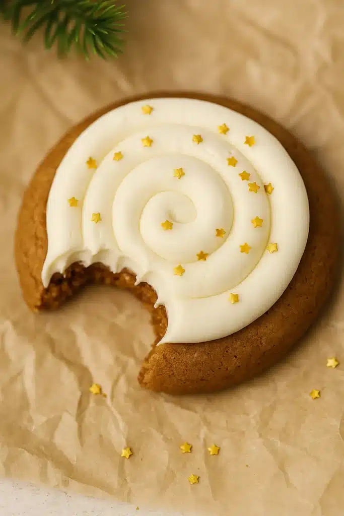 Crumbl gingerbread cookies with cream cheese frosting and gold star sprinkles