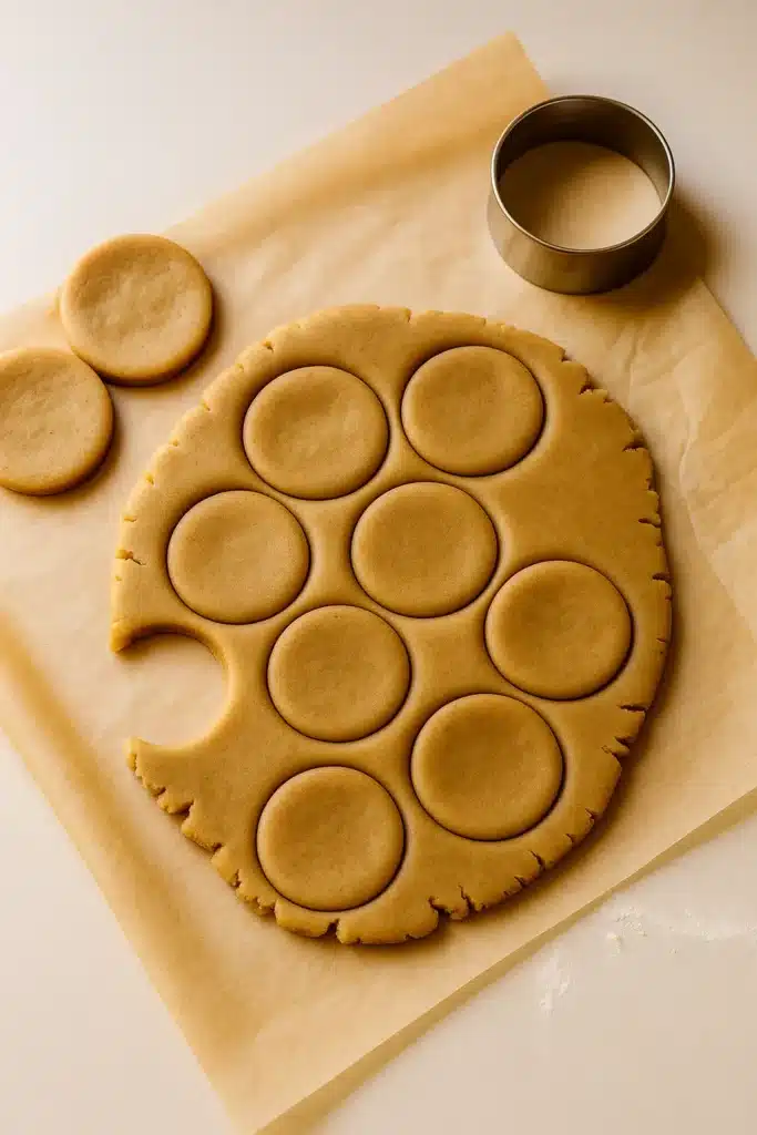 Rolled gingerbread cookie dough with round shapes being cut out on parchment paper.