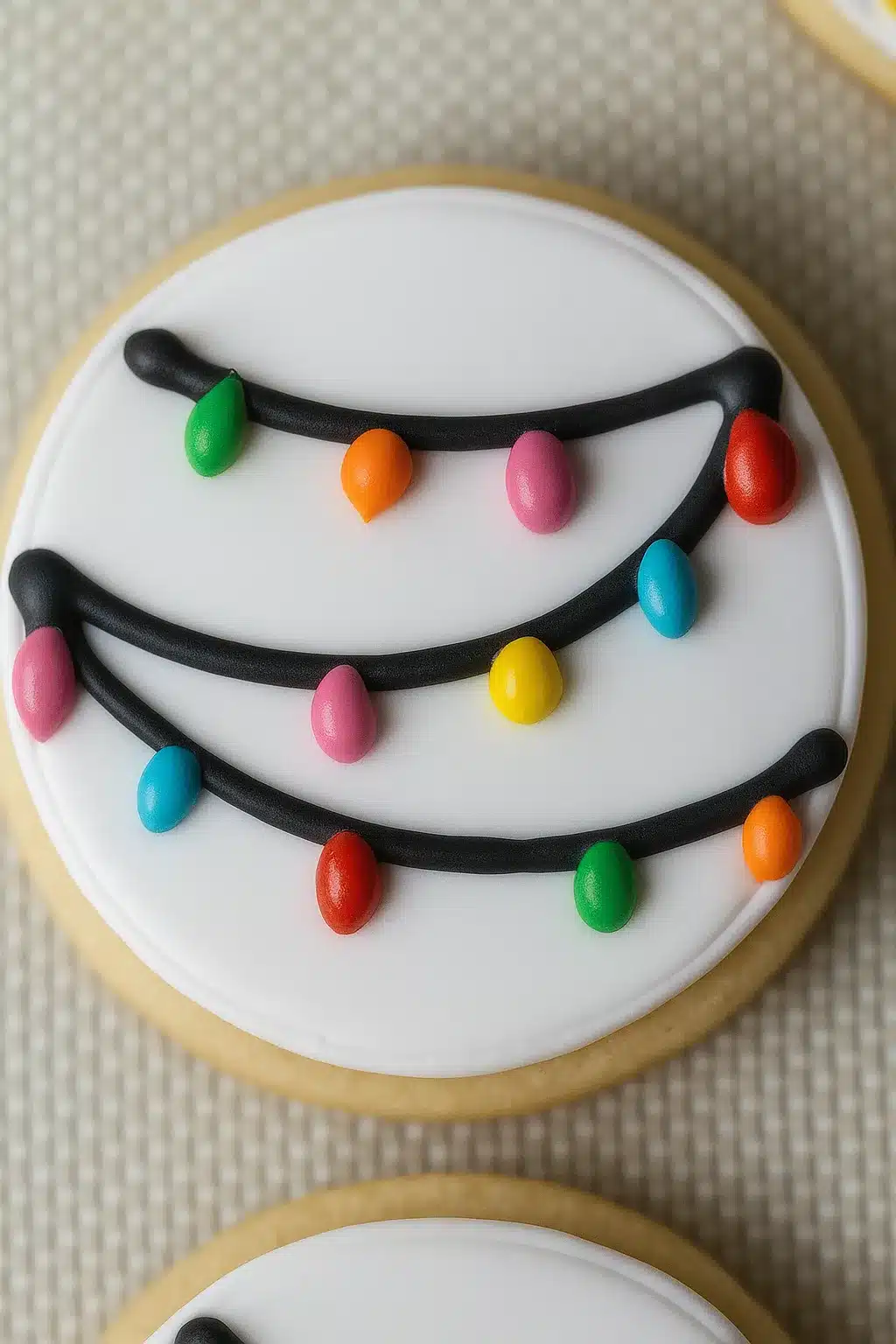 Icing Sugar Cookies decorated with white royal icing and colorful Christmas lights