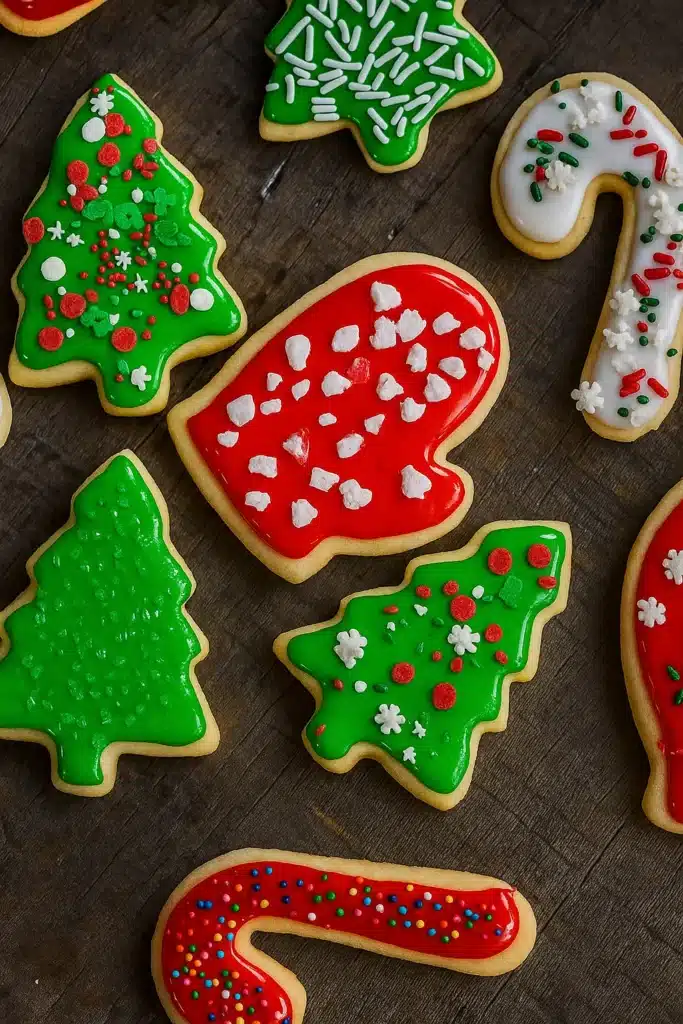 Christmas Sugar Cookies – Easy, Soft & Festive Treats 13 Decorated Christmas sugar cookies with icing and sprinkles on rustic wood