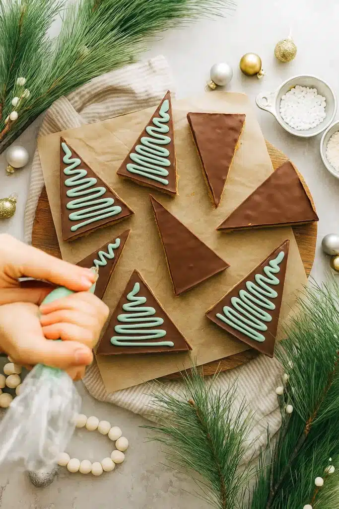 No bake peanut butter Christmas trees with green icing and sprinkles