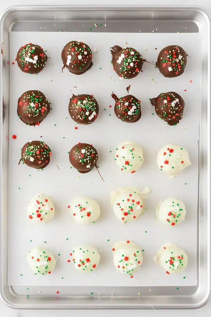Christmas Oreo Balls Recipe | Easy & Festive Holiday Treat 14 Chocolate-dipped Christmas Oreo Balls with festive sprinkles on a baking sheet