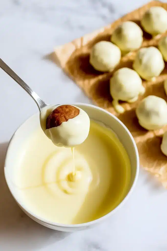Dipping gingerbread truffle into smooth white chocolate with a glossy coating.
