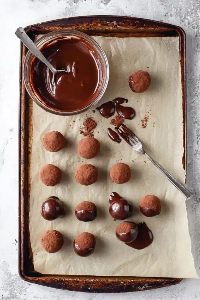 Peppermint Truffles – Easy, Delicious, and Festive Treats 21 Chocolate truffles being dipped in melted chocolate on parchment tray