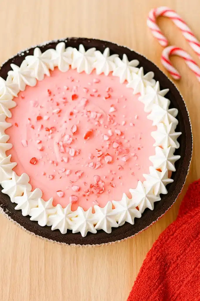 No-bake peppermint pie with whipped cream and crushed candy canes