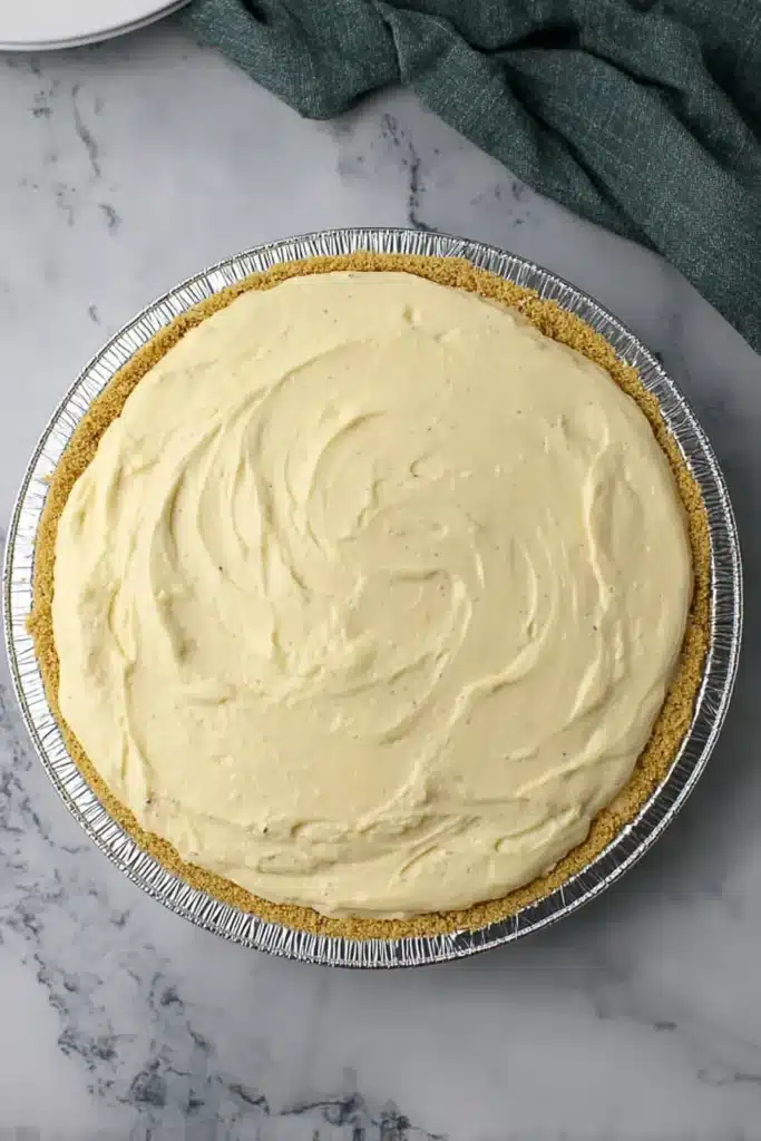 Eggnog Pie Recipe | Creamy, Easy & Irresistible Christmas Dessert 19 Eggnog pie filling spread in graham cracker crust before chilling