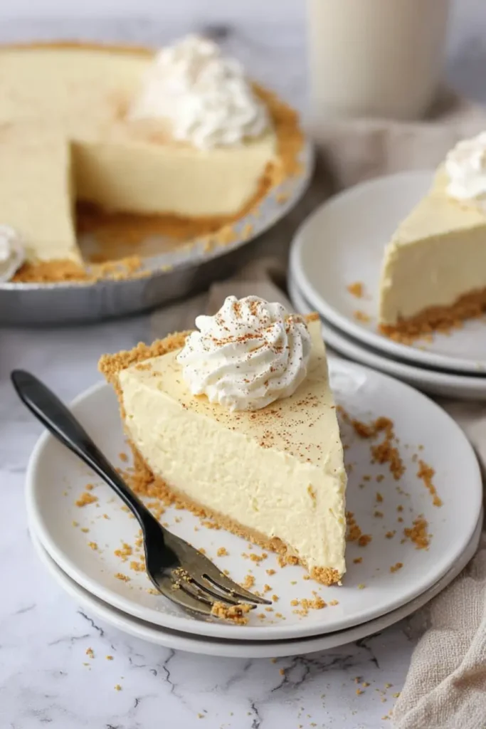 Eggnog Pie Recipe | Creamy, Easy & Irresistible Christmas Dessert 14 Creamy no-bake eggnog pie slice with whipped cream and nutmeg on a white plate