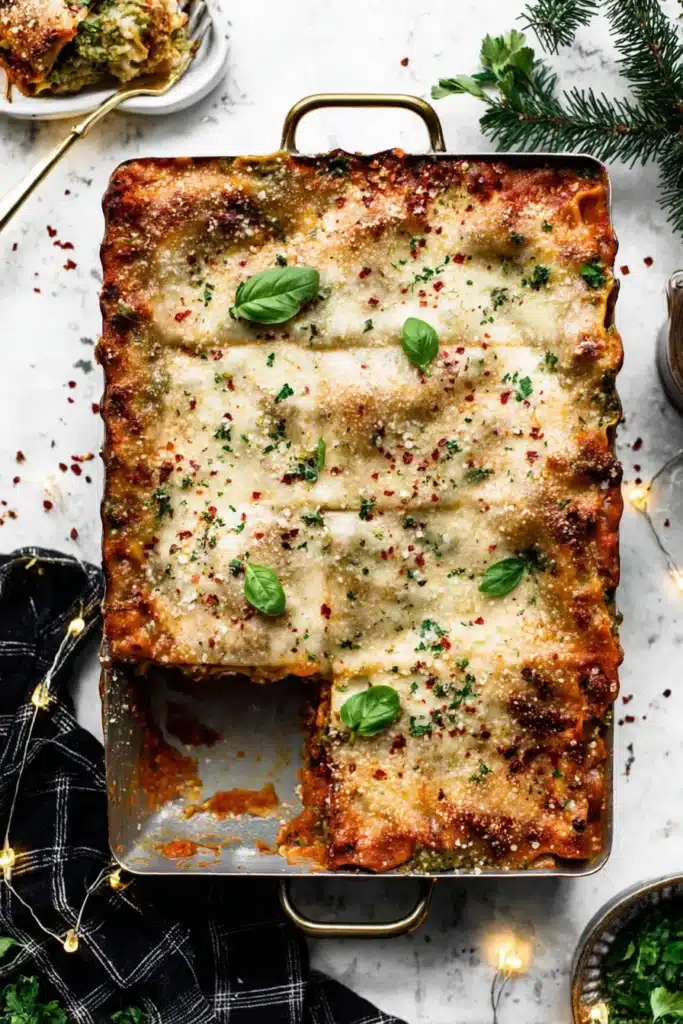 Christmas Eve Lasagna – Festive, Comforting & Delicious 7 Baked Christmas Eve lasagna in pan topped with melted cheese and basil