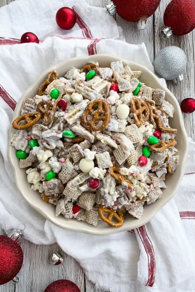 Bowl of gluten-free Reindeer Chow with pretzels, popcorn, and red-green candies