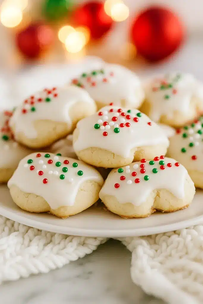 Italian Christmas cookies with white icing and colorful holiday sprinkles on a plate