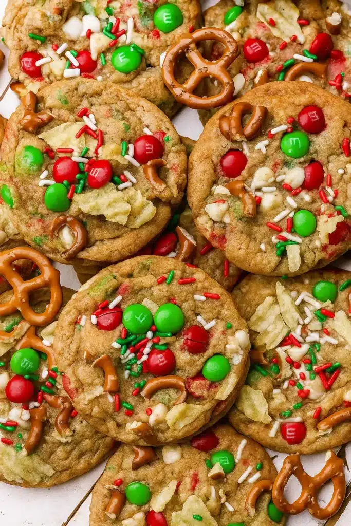 Kitchen Sink Christmas Cookies | Sweet & Chewy Favorite 15 Pile of Kitchen Sink Christmas Cookies with M&Ms, pretzels, and sprinkles