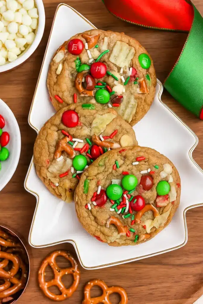 Kitchen Sink Christmas Cookies | Sweet & Chewy Favorite 11 Kitchen Sink Christmas Cookies on white tree plate with pretzels and M&Ms