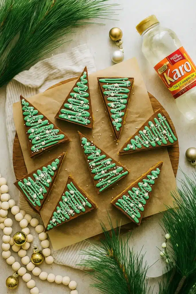 No bake peanut butter Christmas trees with green icing and sprinkles