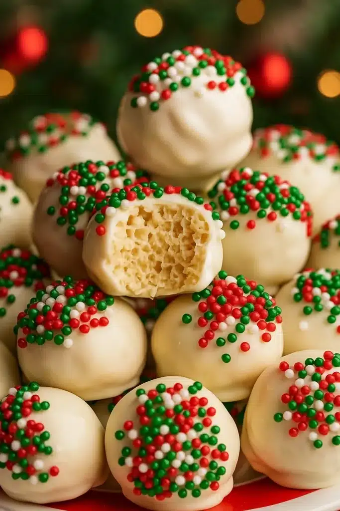 White chocolate rice crispy treat balls with red and green sprinkles