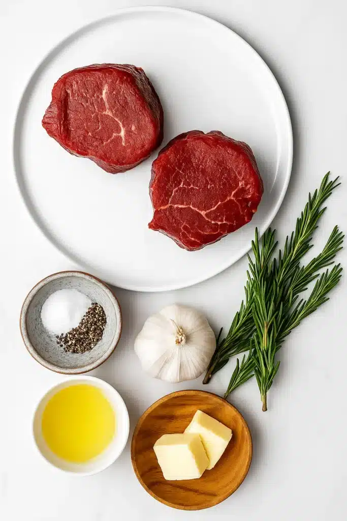 Raw filet mignon steaks with garlic, rosemary, butter, and seasoning ingredients on a white plate.
