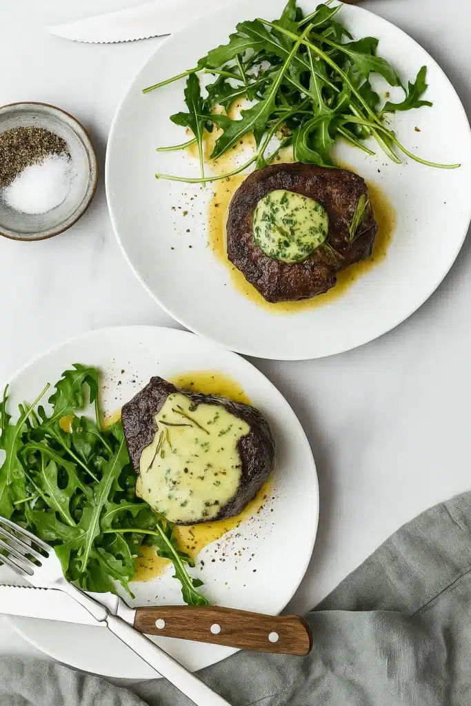 Filet mignon steaks topped with compound butter, served with arugula and freshly cracked black pepper.