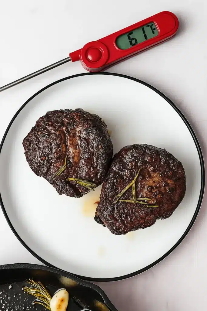 Filet mignon steaks with rosemary, showing a thermometer reading 61°F for medium-rare doneness.