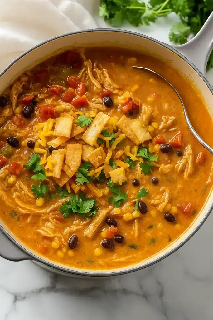 Creamy chicken tortilla soup with crispy tortilla strips and fresh cilantro